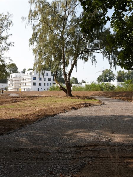 Baugebiet mit Zugangsweg zu einem Neubau, der noch nicht fertigstellt ist. Zwei Bagger und Arbeiter davor. Rechts ein weiterer Hausneubau.