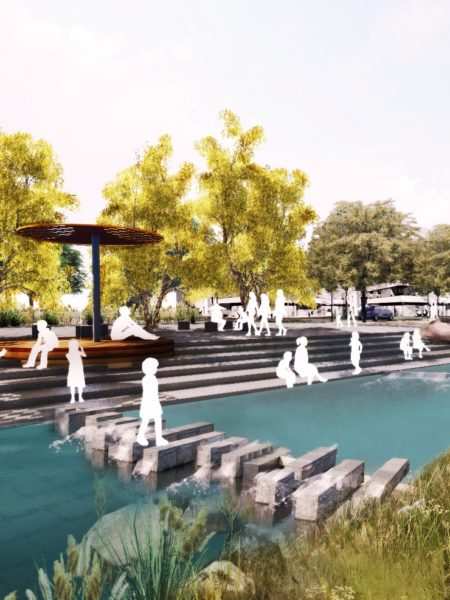 Visualisierung mit Treppen, die zu einem Wasserlauf führen, auf der rechten Seite von Wiese gesäumt. Mehrere weiße Figuren, die Menschen darstellen sollen, sitzen oder stehen an den Treppen. Im Hintergrund Bäume und ein blaues Auto.