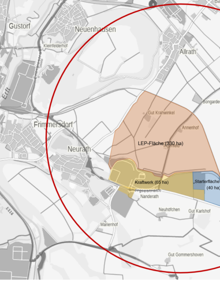 Abgebildet ist ein Stadtplan von Grevenbroich-Neurath. Innerhalb eines roten Kreises sind drei Flächen farbig hinterlegt und beschriftet. Hellrot hinterlegt ist eine Fläche mit der Beschriftung "LEP-Fläche (330 ha)", beige hinterlegt "Kraftwerk (65 ha)", hellblau hinterlegt "Starterfläche (40 ha)".