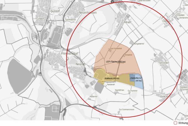 Abgebildet ist ein Stadtplan von Grevenbroich-Neurath. Innerhalb eines roten Kreises sind drei Flächen farbig hinterlegt und beschriftet. Hellrot hinterlegt ist eine Fläche mit der Beschriftung "LEP-Fläche (330 ha)", beige hinterlegt "Kraftwerk (65 ha)", hellblau hinterlegt "Starterfläche (40 ha)".