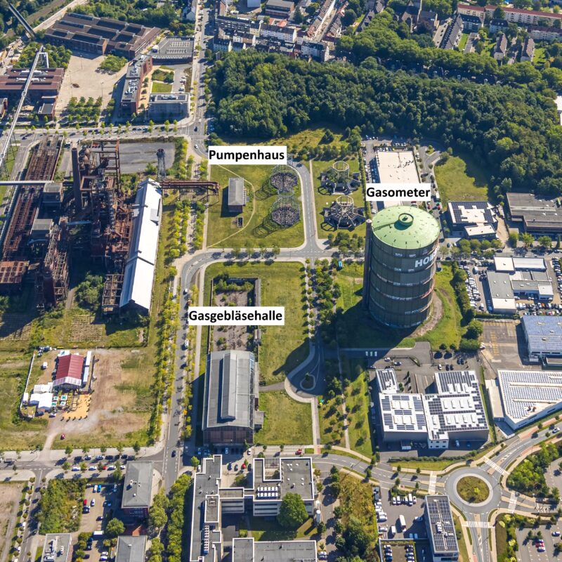 Luftbild vom Areal PHOENIX-West in Dortmund mit Markern für die drei zur Vermarktung stehenden Denkmäler