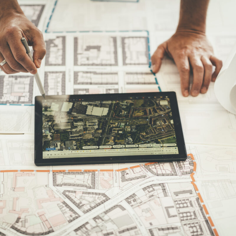 Ein Tablet, auf dem ein Stadtplan zus ehen ist, liegt auf einem Tisch, auf dem eine Karte ausgebreitet ist. Hände halten einen Stift und zeigen auf einen Punkt auf der Karte.