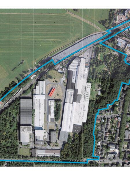 Luftbild vom Flachglasgelände Wesel mit Umriss